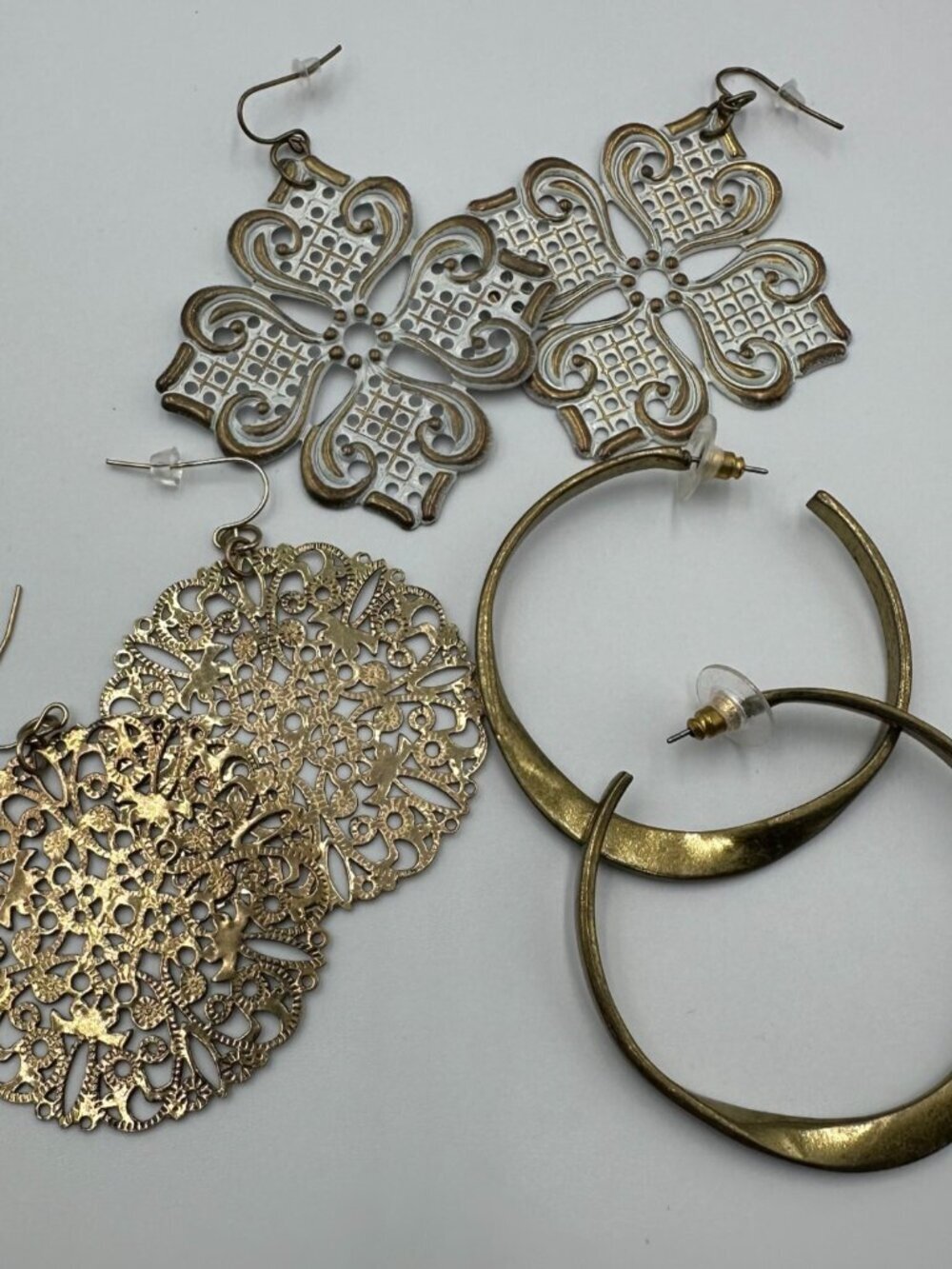 Brass Tone Earrings Lot Pierced Hoops Filigree Statement Boho Set 3 Pairs